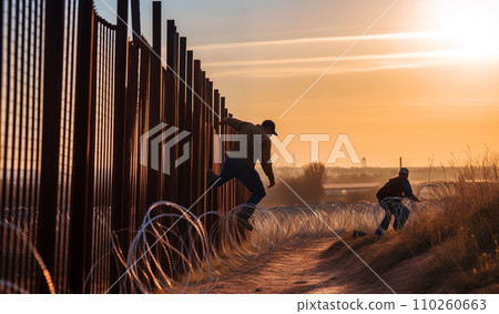 Refugees crossing border. Migrants cross border illegally. Refugees crossing border. Migrants cross border illegally. 110260663