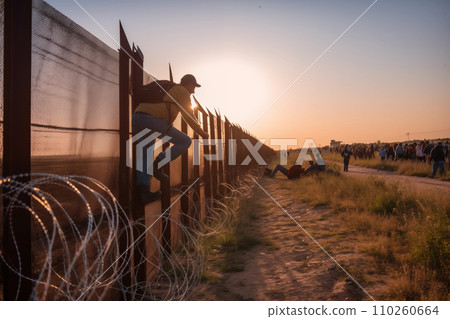 Refugees crossing border. Migrants cross border illegally. 110260664