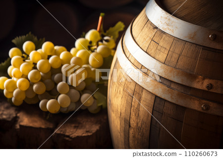 Wine Glass with Chardonnay Grapevine tasting. Vino Degustation in wine cellar. Wine Glass with Chardonnay Grapevine tasting. Vino Degustation in wine cellar. 110260673