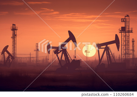 Oil drill rig and drilling derrick. Crude oil Pumpjack on oilfield on sunset. 110260684