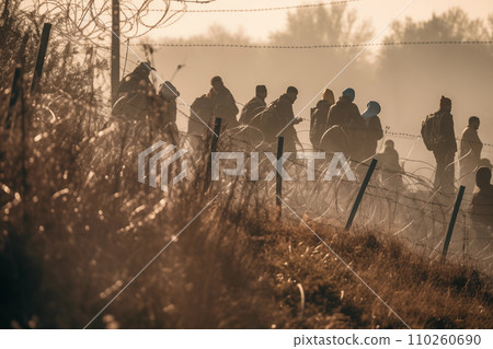 Migrants cross the border illegally. Refugees crossing border. 110260690