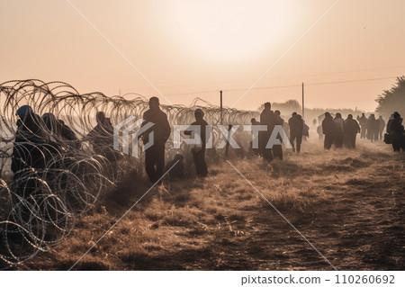 Migrants cross the border illegally. Refugees crossing border. Migrants cross the border illegally. Refugees crossing border. 110260692