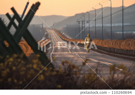 Border of South Kore and North Korea. Border with barbed wire on fence. 110260694