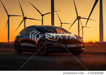 Electric Car in field with Wind turbines. EV electric car in Eolic park windpower. 110260696