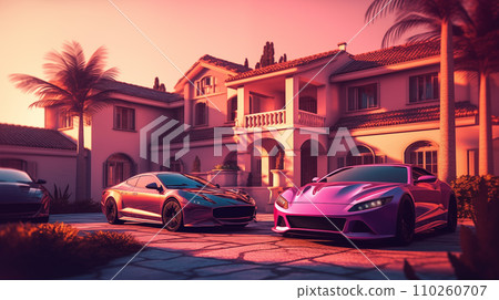 Villa and Luxury cars. Sport cars in courtyard near a luxury villa. Villa and Luxury cars. Sport cars in courtyard near a luxury villa. 110260707