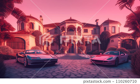 Villa and Luxury cars. Sport cars in courtyard near a luxury villa. 110260710