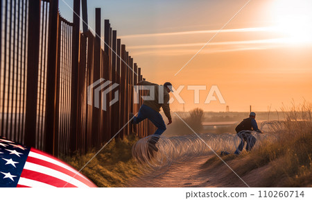 Refugees crossing border. Migrants cross border illegally. 110260714