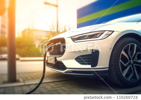 Electric Car on Charging. Charge an Electric Car. Powered car charging station 110260728