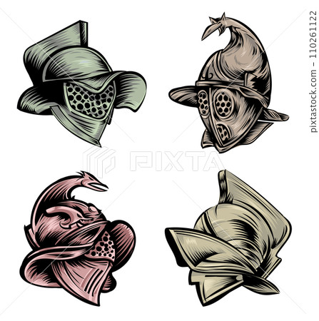Roman gladiator armour helmets set . hand drawn, vector illustration 110261122