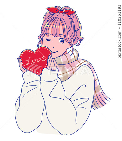 Retro pop girl holding heart shaped chocolate 110261193