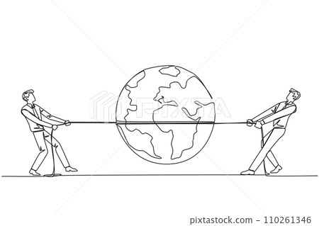 Single one line drawing two businessmen fighting over globe. Fighting over strategic locations. Business must be developed in different places. For profit. Continuous line design graphic illustration 110261346