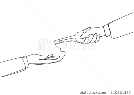 Single continuous line drawing a hand gives a key to a coworker. Full trust is given. Fix anything that's broken. Keep it up. Business that will continue to grow. One line design vector illustration Single continuous line drawing a hand gives a key to a coworker. Full trust is given. Fix anything that's broken. Keep it up. Business that will continue to grow. One line design vector illustration 110261375