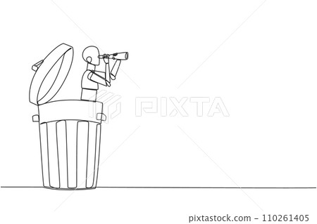 Continuous one line drawing a robot emerges from trash bin looking for something through binocular. Scan. Analyze recyclable materials. Environmental care. Single line draw design vector illustration 110261405