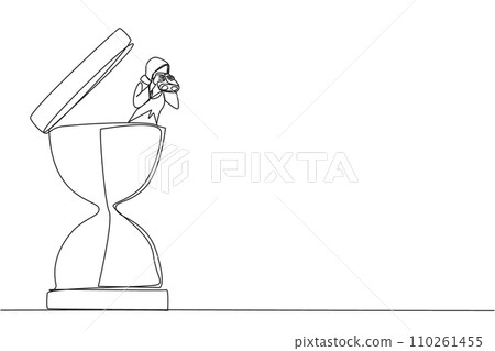 Single one line drawing Arab businesswoman emerges from hourglass look for something with binoculars. Sand on clock fall. Complete report before deadline. Continuous line design graphic illustration 110261455