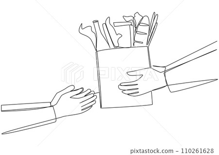 Continuous one line drawing hand giving grocery bag. Very environmentally friendly shopping bags. Able to carry various types of food. Protect the earth. Single line draw design vector illustration Continuous one line drawing hand giving grocery bag. Very environmentally friendly shopping bags. Able to carry various types of food. Protect the earth. Single line draw design vector illustration 110261628