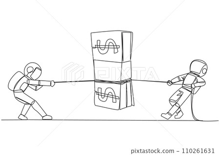 Single continuous line drawing two astronauts fighting over banknotes. Fight for a training scholarship for expedition to the moon. Fight for dreams. Outer space. One line design vector illustration 110261631