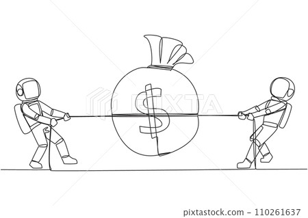Single one line drawing two astronauts fighting over a money bag. Fight for financial aid for an important expedition into space. Trying to achieve dreams. Continuous line design graphic illustration 110261637