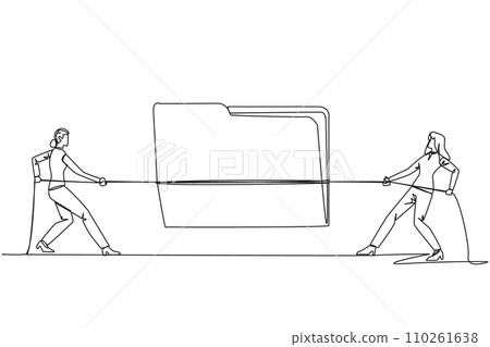 Continuous one line drawing two businesswomen fighting over document folder.Competition for the best potential clients. Vigorous efforts for company profit. Single line draw design vector illustration 110261638