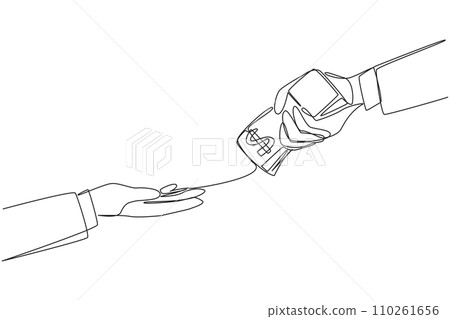 Single continuous line drawing a hand passes a stack of banknotes to colleague. Without checks. Acquisition of the company successfully  by paying in cash. Genius. One line design vector illustration 110261656