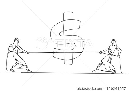 Single continuous line drawing two Arabian businessmen fighting over dollar symbol. The struggle to balance the financial balance. Try not to lose or bankrupt. One line design vector illustration 110261657