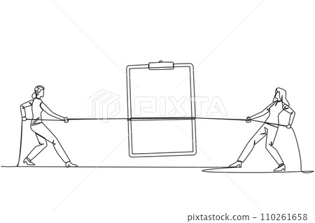 Single continuous line drawing two businesswomen fighting over a clipboard. Fight to be the first to complete the biweekly report. Compete for the company profits. One line design vector illustration 110261658