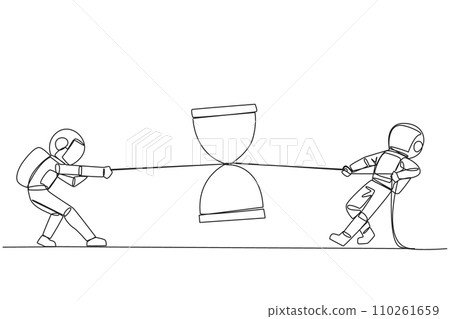 Continuous one line drawing two astronauts fighting over hourglass. Fierce battle completes the expedition's report before flying off into space. Deadline. Single line draw design vector illustration 110261659