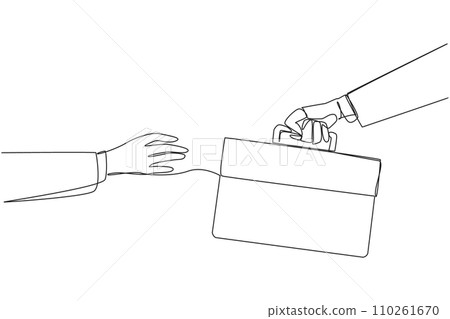 Continuous one line drawing a hand gives a briefcase to colleague. Continuing the business trip marathon. Many places to visit. Huge profits well deserved.  Single line draw design vector illustration 110261670