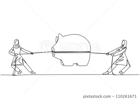 Continuous one line drawing two Arabian businesswomen fighting over a piggy bank. Fight for additional incentives. Useful in retirement. Old age savings. Single line draw design vector illustration Continuous one line drawing two Arabian businesswomen fighting over a piggy bank. Fight for additional incentives. Useful in retirement. Old age savings. Single line draw design vector illustration 110261671