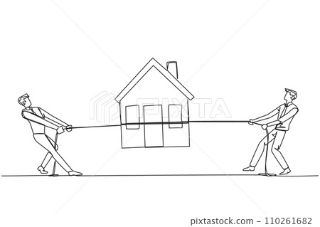 Continuous one line drawing two businessmen fight over a miniature house. Compete to get a decent official residence. House close to business location. Single line draw design vector illustration 110261682