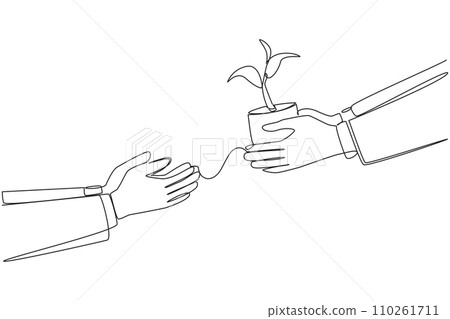 Single one line drawing businessman's hand gives a plant shoot to colleague. Investing shares in a partner's company. Increase capital to develop business. Continuous line design graphic illustration Single one line drawing businessman's hand gives a plant shoot to colleague. Investing shares in a partner's company. Increase capital to develop business. Continuous line design graphic illustration 110261711