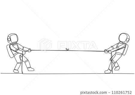 Continuous one line drawing two astronaut pulling each other's rope. Stretching activities on the lunar surface. Light exercise. Cosmonaut deep space. Single line draw design vector illustration Continuous one line drawing two astronaut pulling each other's rope. Stretching activities on the lunar surface. Light exercise. Cosmonaut deep space. Single line draw design vector illustration 110261752