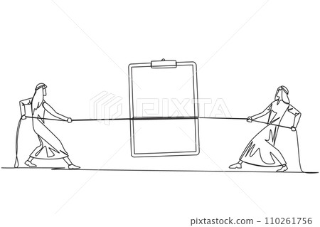 Single one line drawing two Arabian businessmen fighting over a clipboard. Compete to fill in the complete data of the best prospective clients. Profit. Continuous line design graphic illustration Single one line drawing two Arabian businessmen fighting over a clipboard. Compete to fill in the complete data of the best prospective clients. Profit. Continuous line design graphic illustration 110261756