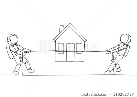 Single continuous line drawing two astronauts fighting over a miniature house. The need for comfort after going on a task space expedition. Cosmonaut outer space. One line design vector illustration Single continuous line drawing two astronauts fighting over a miniature house. The need for comfort after going on a task space expedition. Cosmonaut outer space. One line design vector illustration 110261757