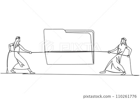 Continuous one line drawing two Arabian businessmen fighting over document folder. Fighting for confidential information that very profitable for company. Single line draw design vector illustration 110261776