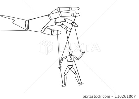 Single one line drawing the robot walks by being moved by ropes controlled by a giant hand above. Doesn't have firm attitude. Technology error. AI concept. Continuous line design graphic illustration Single one line drawing the robot walks by being moved by ropes controlled by a giant hand above. Doesn't have firm attitude. Technology error. AI concept. Continuous line design graphic illustration 110261807