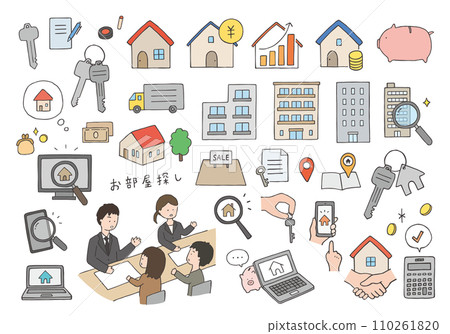 Hand-drawn illustration set related to real estate/room search (color) 110261820