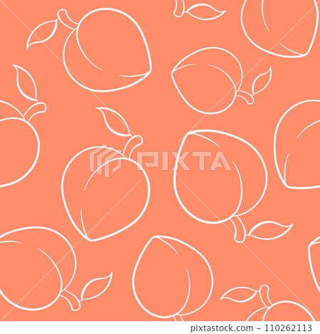 Peach or apricot seamless pattern in line art style. Summer tropical endless design for label, fabric, packaging. Vector illustration on a peach background. 110262113