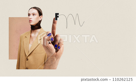 Contemporary art collage. Young calm girl abstracted herself from other people's opinions and criticism. Trendy magazine style. 110262125