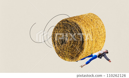Contemporary art collage. Haystack, symbolizing lump of problems and troubles, flies over body of tired, immobilized girl in apathy. Trendy magazine style. 110262126