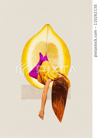 Contemporary art collage. challenges and difficulties. Young exhausted woman flows out of lemon. Trendy magazine style. 110262138