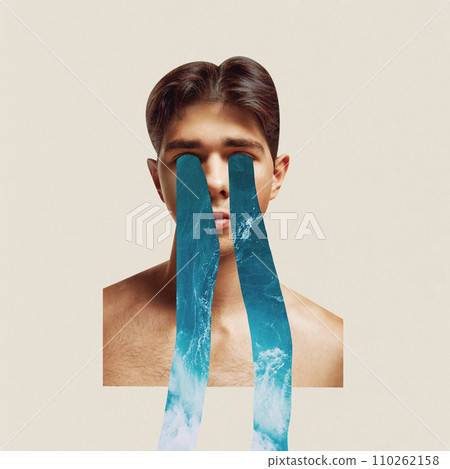 Contemporary art collage. Young guy cries oceans of tears from fatigue and powerlessness. Trendy magazine style. Concept of depression state. Contemporary art collage. Young guy cries oceans of tears from fatigue and powerlessness. Trendy magazine style. Concept of depression state. 110262158