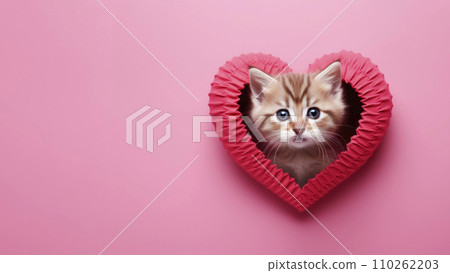 AI-generated content. A cute and attractive kitten surrounded by a red heart on a pink background 110262203