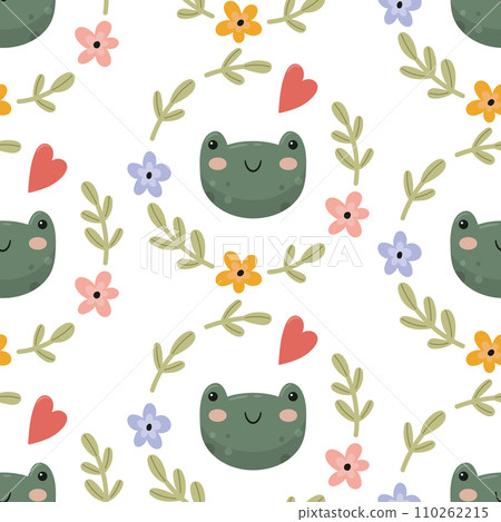 Childish seamless pattern with cute frogs and flower wreaths. 110262215