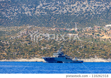 Turkish navy warship sailing in the Mediterranean sea. Protection of water borders of Turkey 110262318