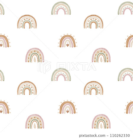 Boho Rainbow watercolor seamless Pattern. Illustration for Baby wallpaper or textile design. Hand drawn backdrop in Scandinavian style for nursery room on isolated backdrop. Cute pastel drawing. 110262330