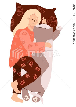Sleeping girl blonde with plush big cat toy. Female character with Soft plush anti-stress huggable toy. Time relax. Vector illustration in flat style 110262684