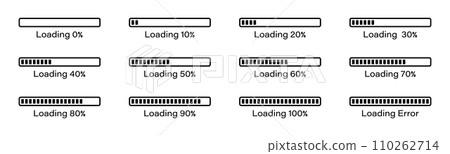 Percentage loading bar infographic icon set 0-100% in black colour. Rectangle bar percent loading and process symbols collection. Set of percentage loading bar 10%, 20%, 70, 90%, 100% in black color. Percentage loading bar infographic icon set 0-100% in black colour. Rectangle bar percent loading and process symbols collection. Set of percentage loading bar 10%, 20%, 70, 90%, 100% in black color. 110262714