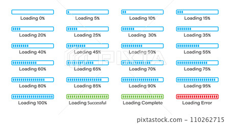 Percentage loading bar infographics icon set 0-100% in blue colour. Set of percentage loading bar 5%, 10%, 95%, 100% in blue color. Rectangle bar percent loading and process symbols collection. 110262715