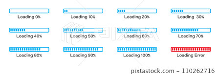 Percentage loading bar infographic icon set 0-100% in blue colour. set of percentage loading bar  10%, 20%, 70, 90%, 100% in blue color. Rectangle bar percent loading and process symbols collection. 110262716