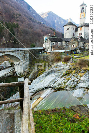View of the Swiss mountain town of Lavertezzo. Switzerland. canton Ticino View of the Swiss mountain town of Lavertezzo. Switzerland. canton Ticino 110262825